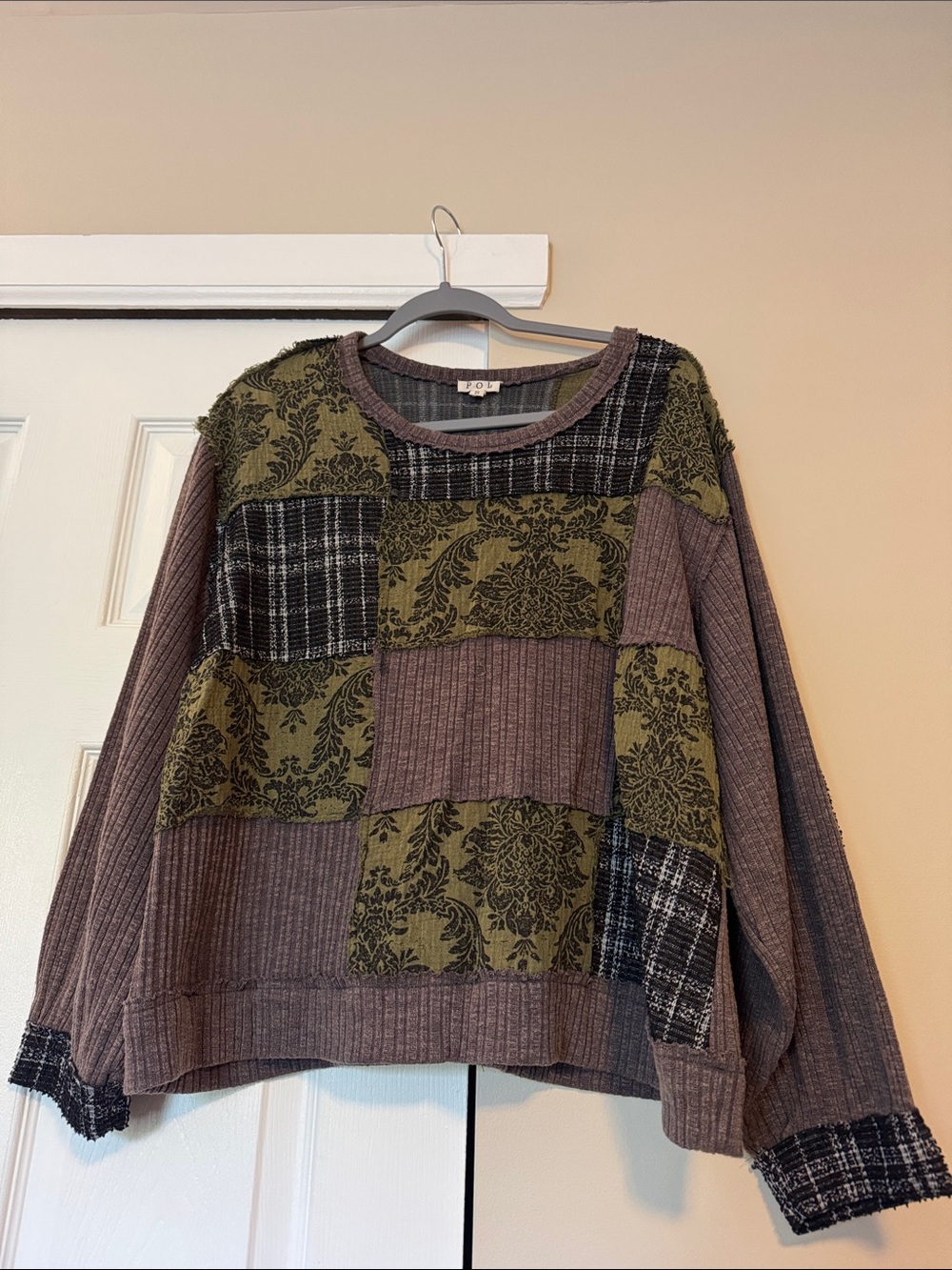 POL Patchwork Crewneck in Olive Green & Taupe with Plaid Accents